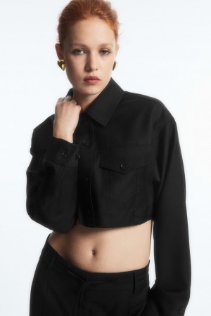 Camasa COS Oversized Cropped Lână Overshirt Dama Negrii | Romania-876DFCZSA