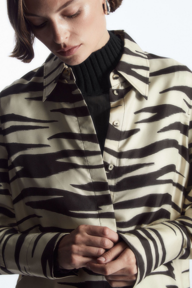 Camasa COS Oversized Zebra-Print Silk Dama Albi | Romania-519XWHAVE