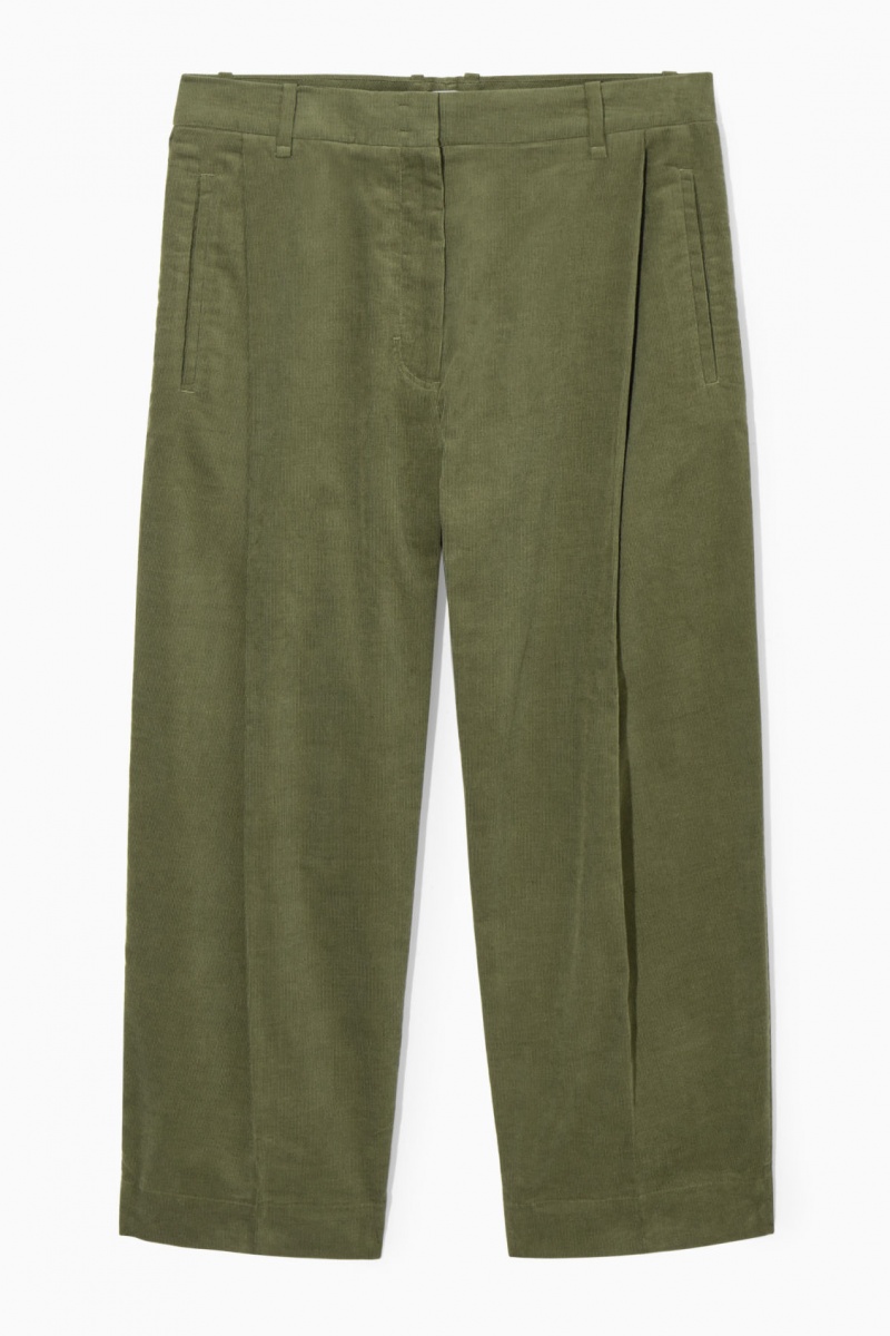 Pantaloni COS Plisat Barrel-Leg Corduroy Dama Kaki Inchis | Romania-804KEZSWC