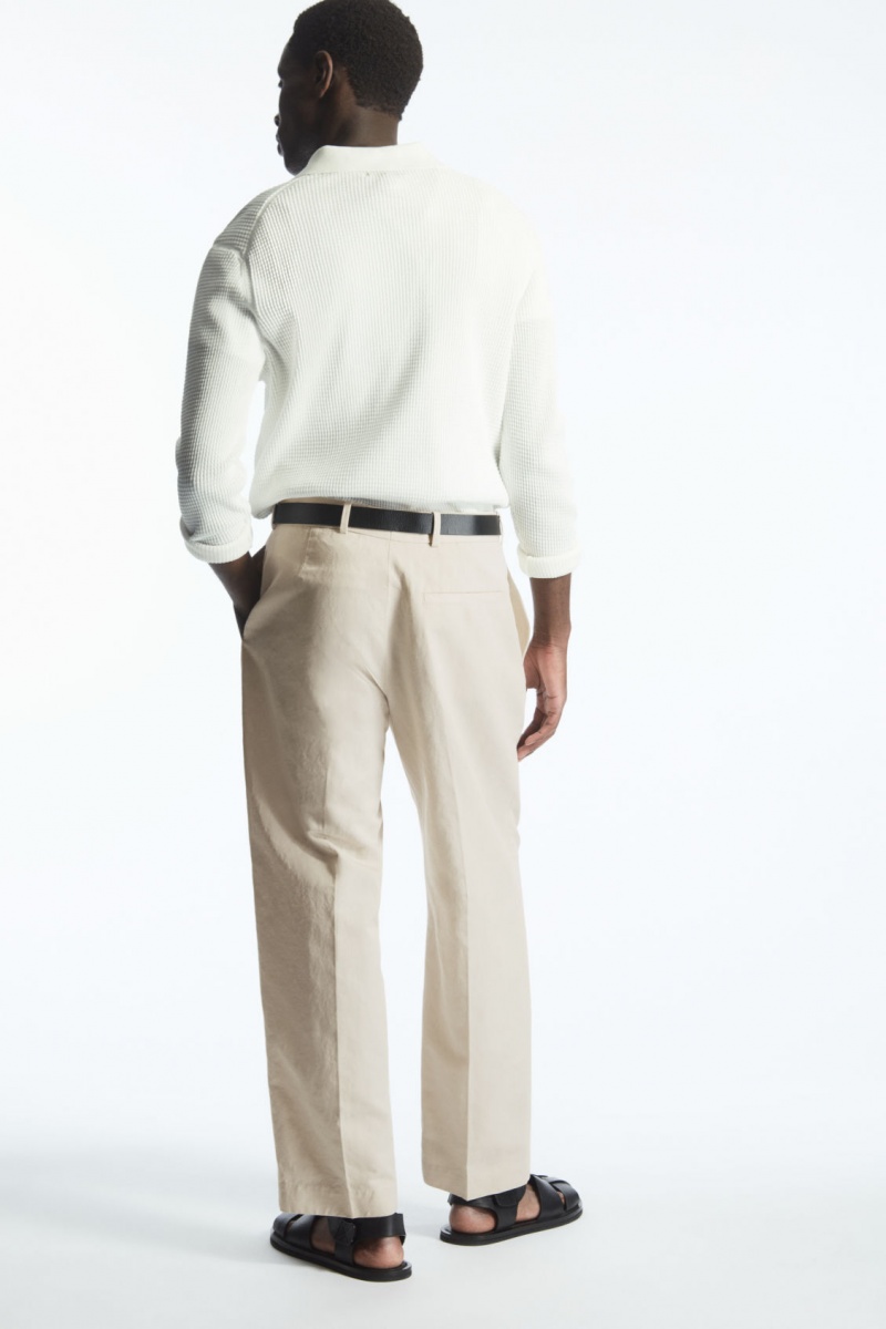 Pantaloni COS Plisat Drept-Leg Linen-Blend Barbati Bej Deschis | Romania-971WKARXL